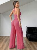 Set de Camisola Plisada y Pantalón Ancho de Textura Suave y Elegante