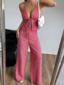 Set de Camisola Plisada y Pantalón Ancho de Textura Suave y Elegante