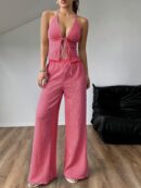 Set de Camisola Plisada y Pantalón Ancho de Textura Suave y Elegante