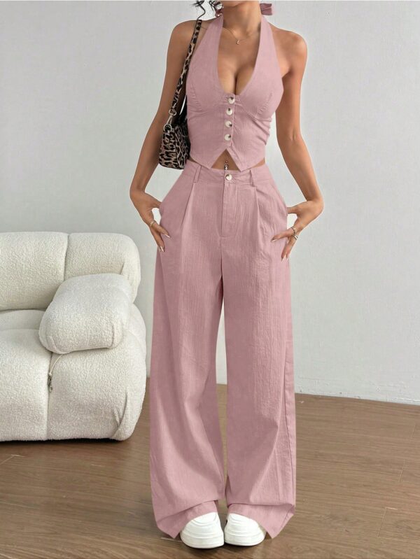 Set de 2 Piezas: Top Halter con Lazada y Pantalón Recto Casual - Image 30