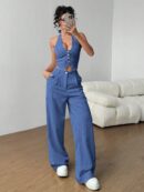 Set de 2 Piezas: Top Halter con Lazada y Pantalón Recto Casual