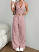 Set de 2 Piezas: Top Halter con Lazada y Pantalón Recto Casual