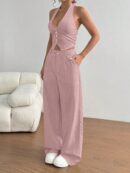 Set de 2 Piezas: Top Halter con Lazada y Pantalón Recto Casual