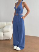 Set de 2 Piezas: Top Halter con Lazada y Pantalón Recto Casual