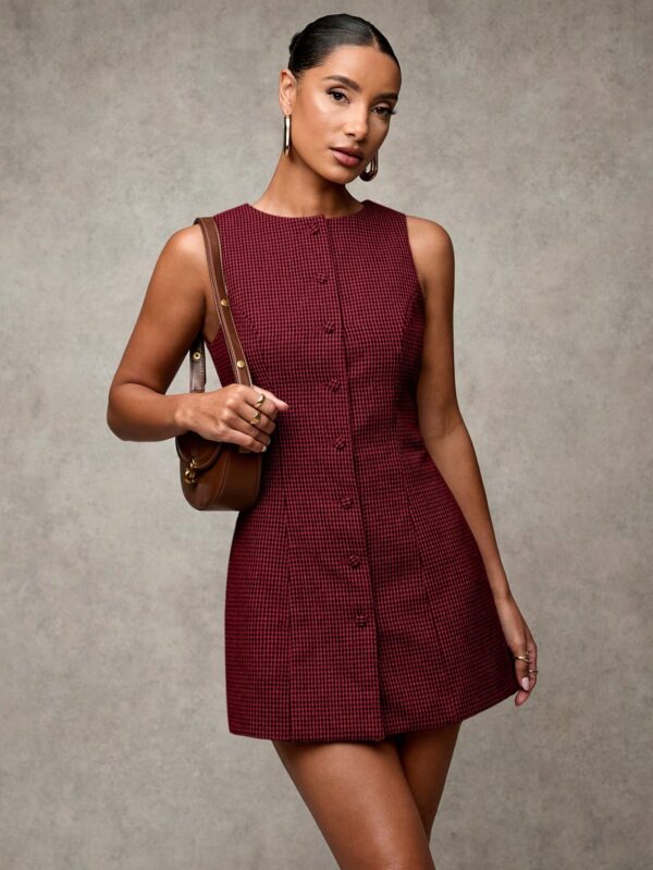 Vestido Corto Casual de Lana a Cuadros con Botones Frontales - Image 19