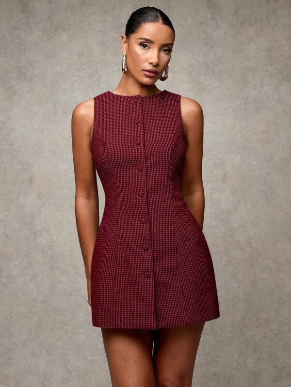 Vestido Corto Casual de Lana a Cuadros con Botones Frontales - Image 21
