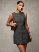 Vestido Corto Casual de Lana a Cuadros con Botones Frontales