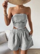Set Casual 2 piezas: Top Bandeau a Rayas y Shorts con Bolsillo