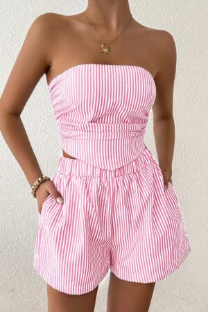 Set Casual 2 piezas: Top Bandeau a Rayas y Shorts con Bolsillo