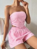 Set Casual 2 piezas: Top Bandeau a Rayas y Shorts con Bolsillo