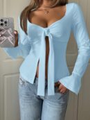 Top Casual de Manga Larga con Cuello de Estrás y Color Sólido