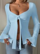 Top Casual de Manga Larga con Cuello de Estrás y Color Sólido