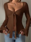 Top Casual de Manga Larga con Cuello de Estrás y Color Sólido