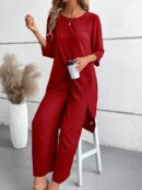 Conjunto Casual 2pcs: Top Simple Manga 3/4 y Pantalón Cintura Elástica
