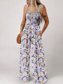 Mono Floral de Pierna Ancha y Cuello Cuadrado sin Mangas