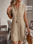 Vestido Mini Casual de Manga Corta con Botones Frontales