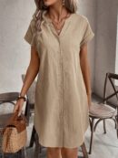 Vestido Mini Casual de Manga Corta con Botones Frontales