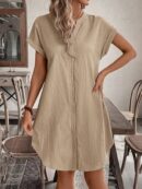 Vestido Mini Casual de Manga Corta con Botones Frontales