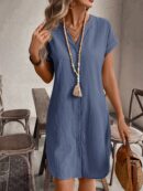 Vestido Mini Casual de Manga Corta con Botones Frontales
