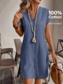 Vestido Mini Casual de Manga Corta con Botones Frontales