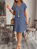 Vestido Mini Casual de Manga Corta con Botones Frontales