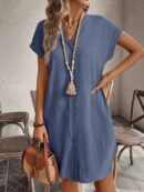 Vestido Mini Casual de Manga Corta con Botones Frontales