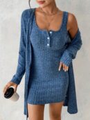 Conjunto de Vestido y Chaqueta en Tejido de Punto Azul