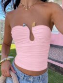 Top Corto Bustier de Verano, Escote U con Volantes y Espalda Descubierta