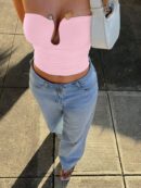 Top Corto Bustier de Verano, Escote U con Volantes y Espalda Descubierta