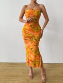 Vestido Strapless Tie Dye con Abertura Lateral y Ruched