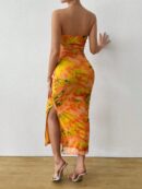 Vestido Strapless Tie Dye con Abertura Lateral y Ruched