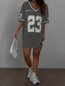 Vestido Casual de Verano con Escote en V y Estampado de Letras y Números