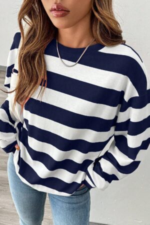 Sweatshirt Casual con Cuello Ancho y Rayas, Manga Larga