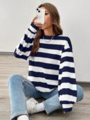 Sweatshirt Casual con Cuello Ancho y Rayas, Manga Larga