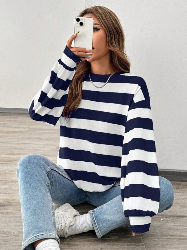 Sweatshirt Casual con Cuello Ancho y Rayas, Manga Larga - Image 3