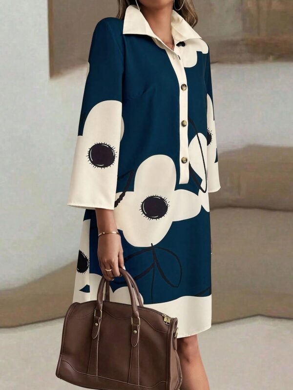 Vestido Camisero Estampado de Manga Larga con Cuello Abotonado - Image 7