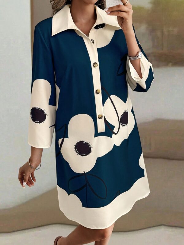 Vestido Camisero Estampado de Manga Larga con Cuello Abotonado - Image 8