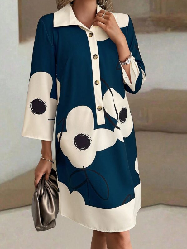 Vestido Camisero Estampado de Manga Larga con Cuello Abotonado - Image 10