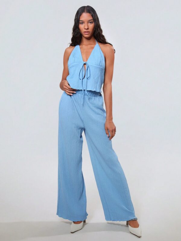 Set de Camisola Plisada y Pantalón Ancho de Textura Suave y Elegante - Image 36
