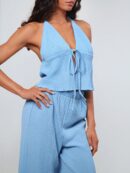 Set de Camisola Plisada y Pantalón Ancho de Textura Suave y Elegante