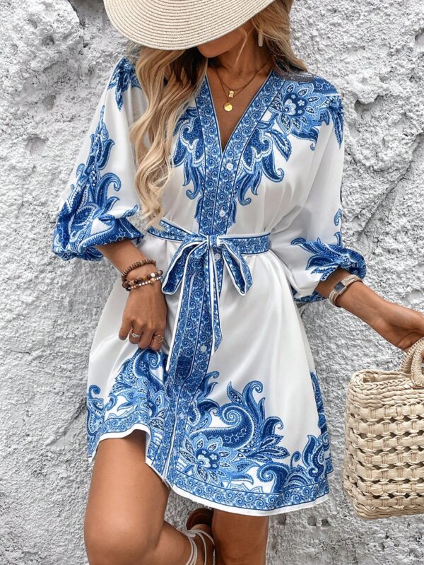 Vestido Casual Estampado con Cintura Alta y Manga Linterna - Image 7