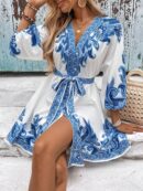 Vestido Casual Estampado con Cintura Alta y Manga Linterna