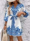 Vestido Casual Estampado con Cintura Alta y Manga Linterna