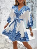 Vestido Casual Estampado con Cintura Alta y Manga Linterna