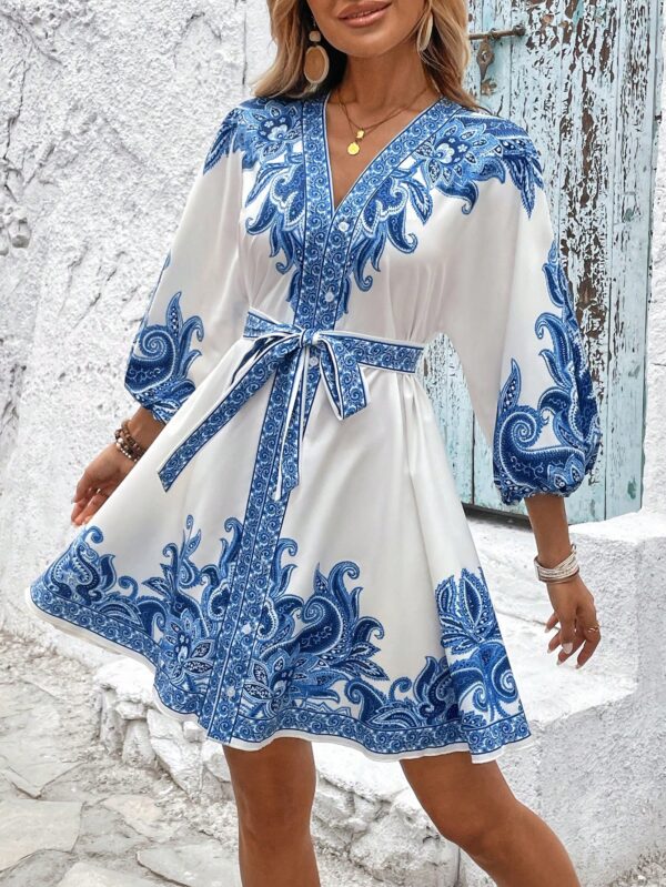 Vestido Casual Estampado con Cintura Alta y Manga Linterna - Image 12
