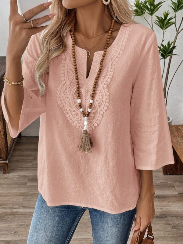 Blusa Casual de Manga Tres Cuartos en Color Sólido con Cuello V - Image 60