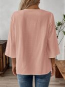 Blusa Casual de Manga Tres Cuartos en Color Sólido con Cuello V