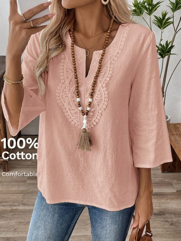 Blusa Casual de Manga Tres Cuartos en Color Sólido con Cuello V - Image 62