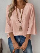 Blusa Casual de Manga Tres Cuartos en Color Sólido con Cuello V