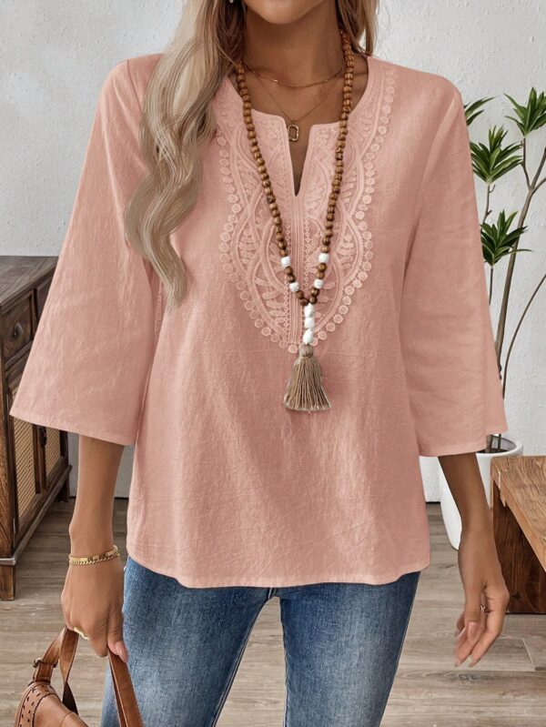 Blusa Casual de Manga Tres Cuartos en Color Sólido con Cuello V - Image 64